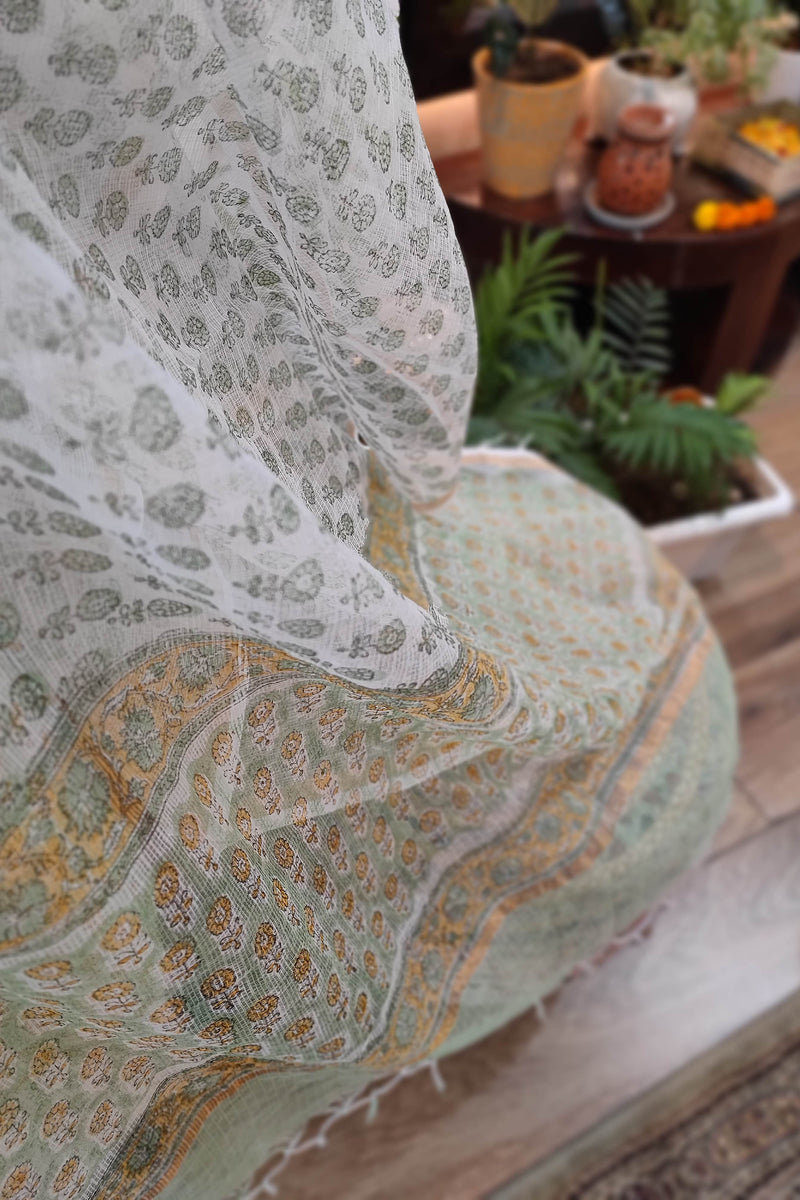 Light Green Handblock Cotton Suit With printed Pant and Sheer Kota Dupatta