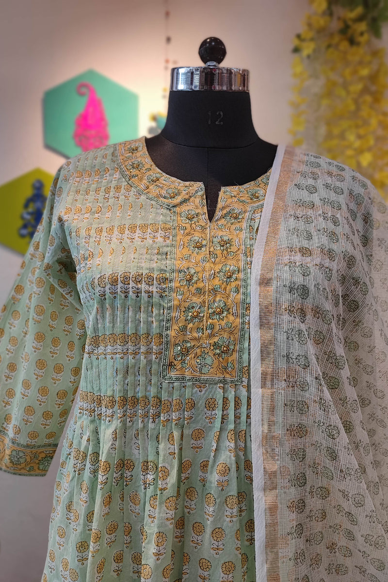 Light Green Handblock Cotton Suit With printed Pant and Sheer Kota Dupatta