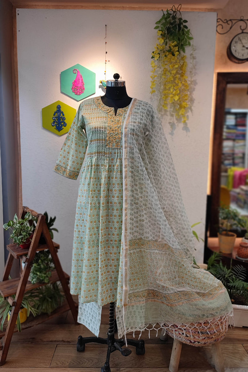 Light Green Handblock Cotton Suit With printed Pant and Sheer Kota Dupatta