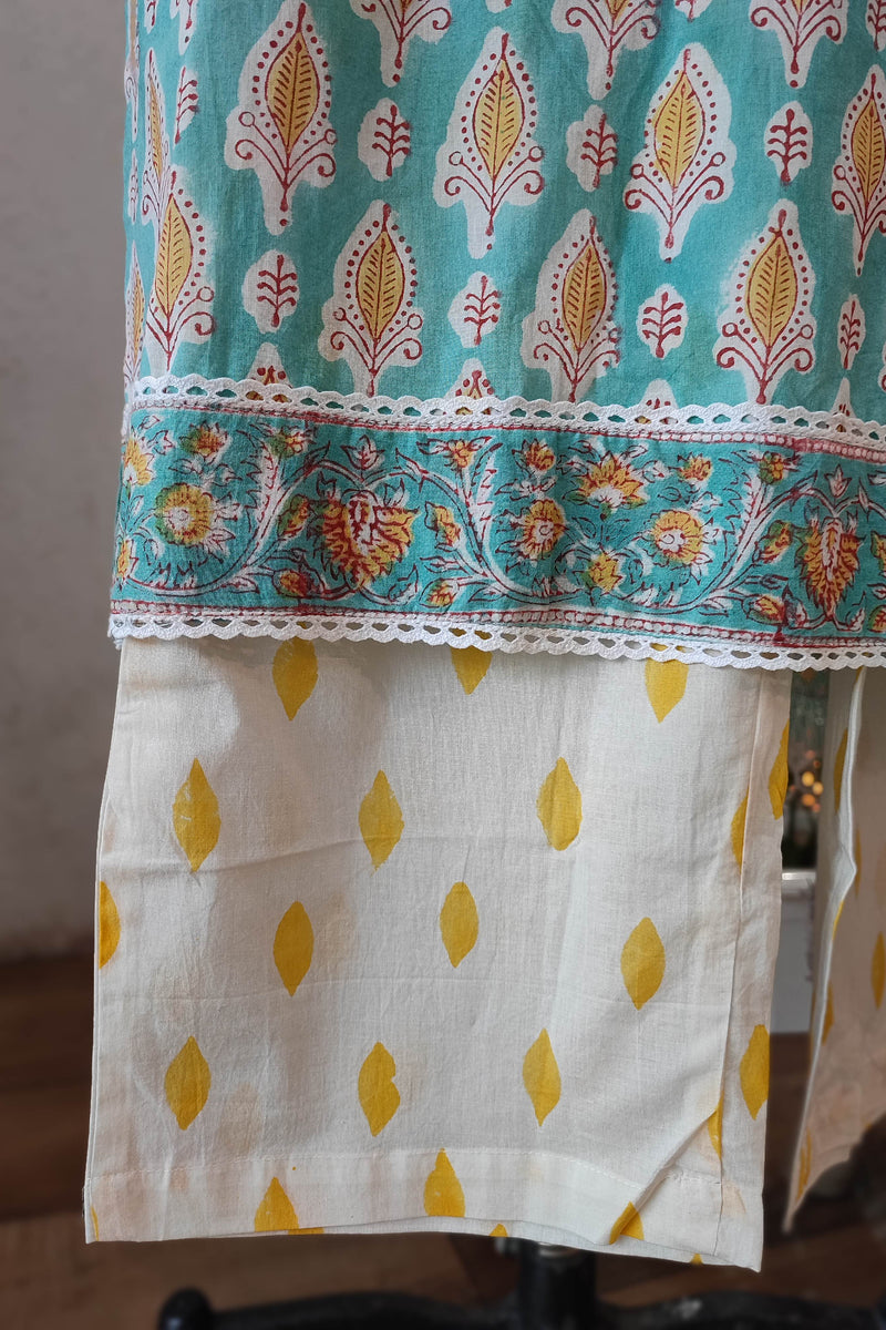 Turquoise Handblock Cotton Suit With White printed Pant and Sheer Kota Dupatta