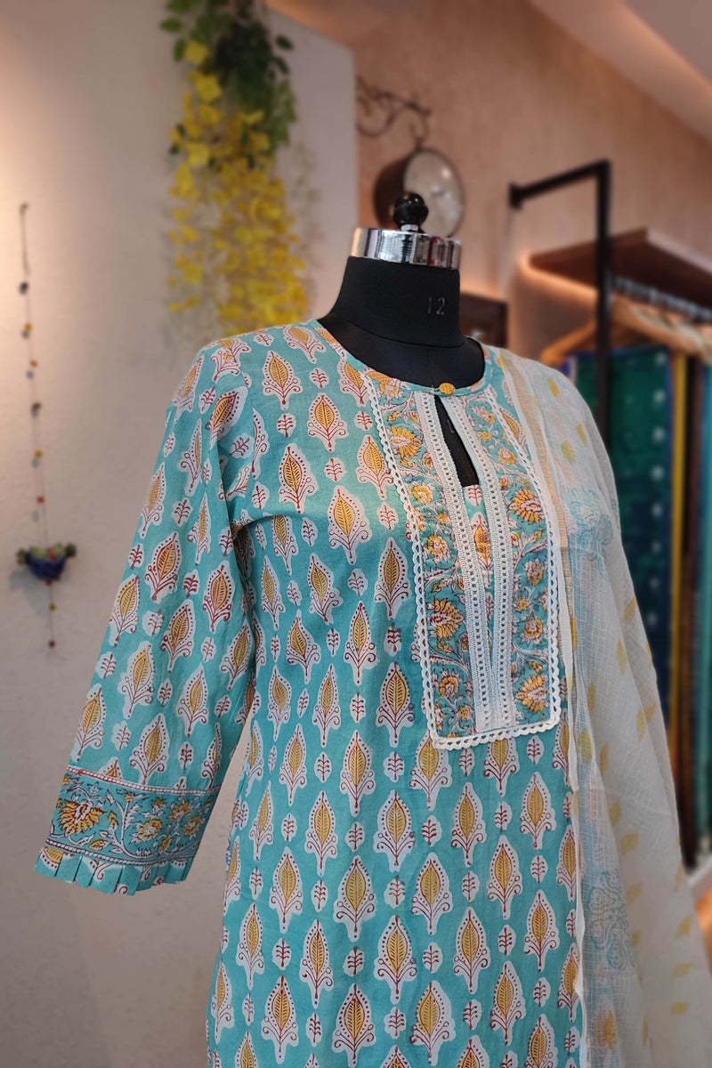 Turquoise Handblock Cotton Suit With White printed Pant and Sheer Kota Dupatta