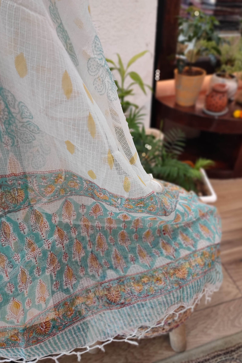 Turquoise Handblock Cotton Suit With White printed Pant and Sheer Kota Dupatta