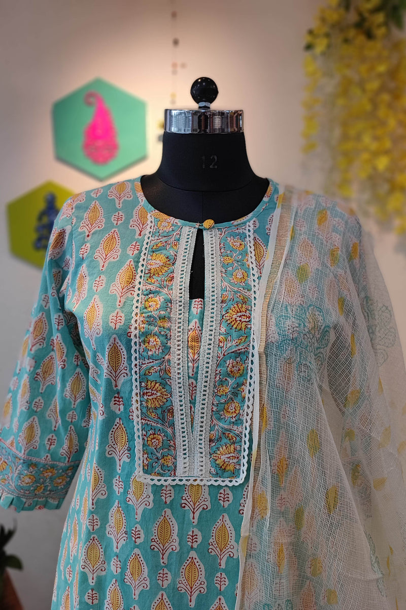 Turquoise Handblock Cotton Suit With White printed Pant and Sheer Kota Dupatta