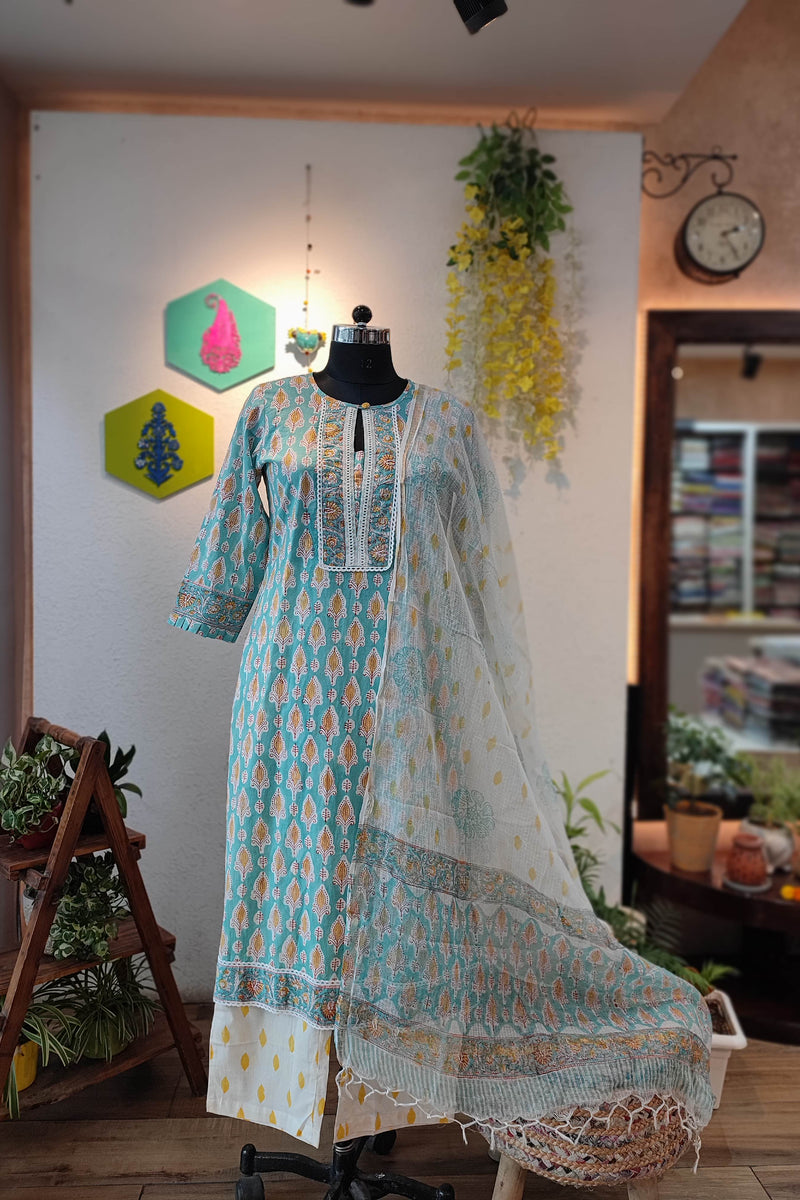 Turquoise Handblock Cotton Suit With White printed Pant and Sheer Kota Dupatta