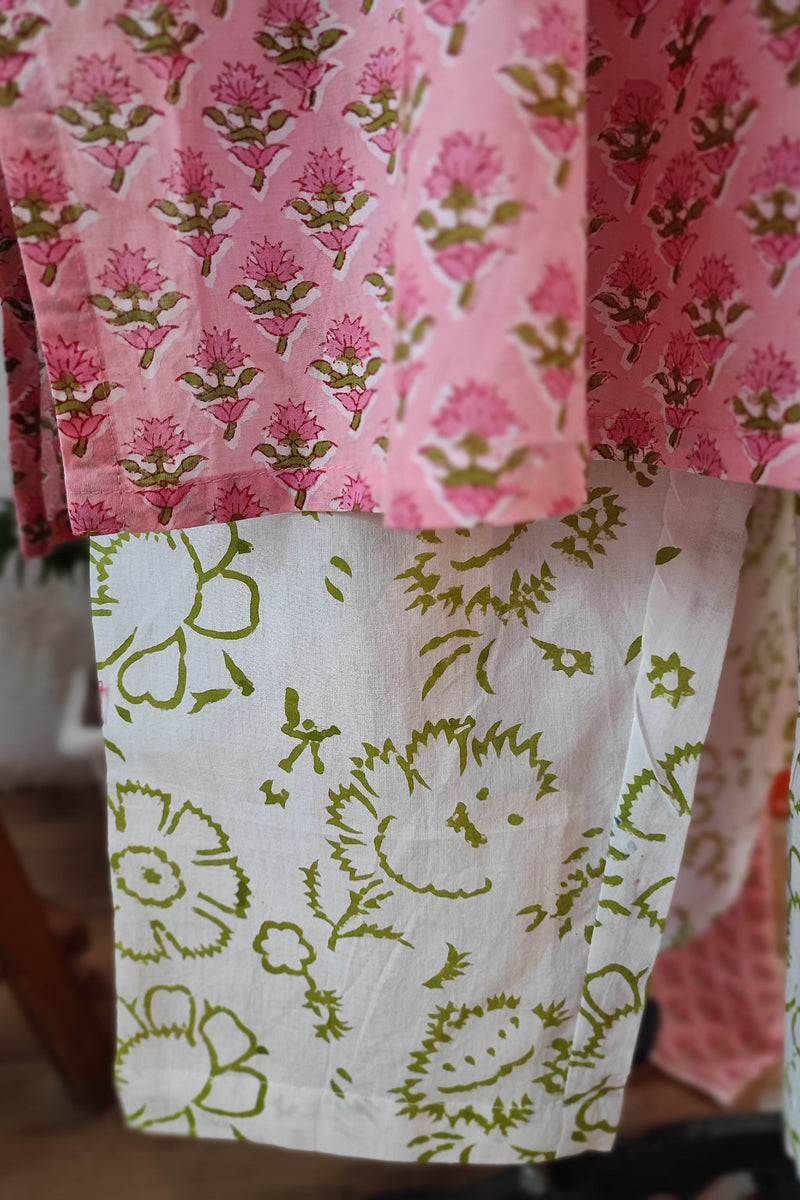 Pink Handblock Cotton Suit With White printed Pant and Sheer Mulmul dupatta