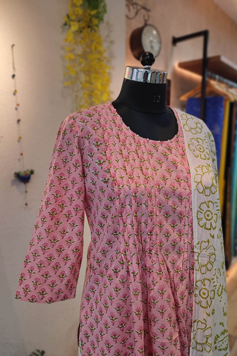Pink Handblock Cotton Suit With White printed Pant and Sheer Mulmul dupatta