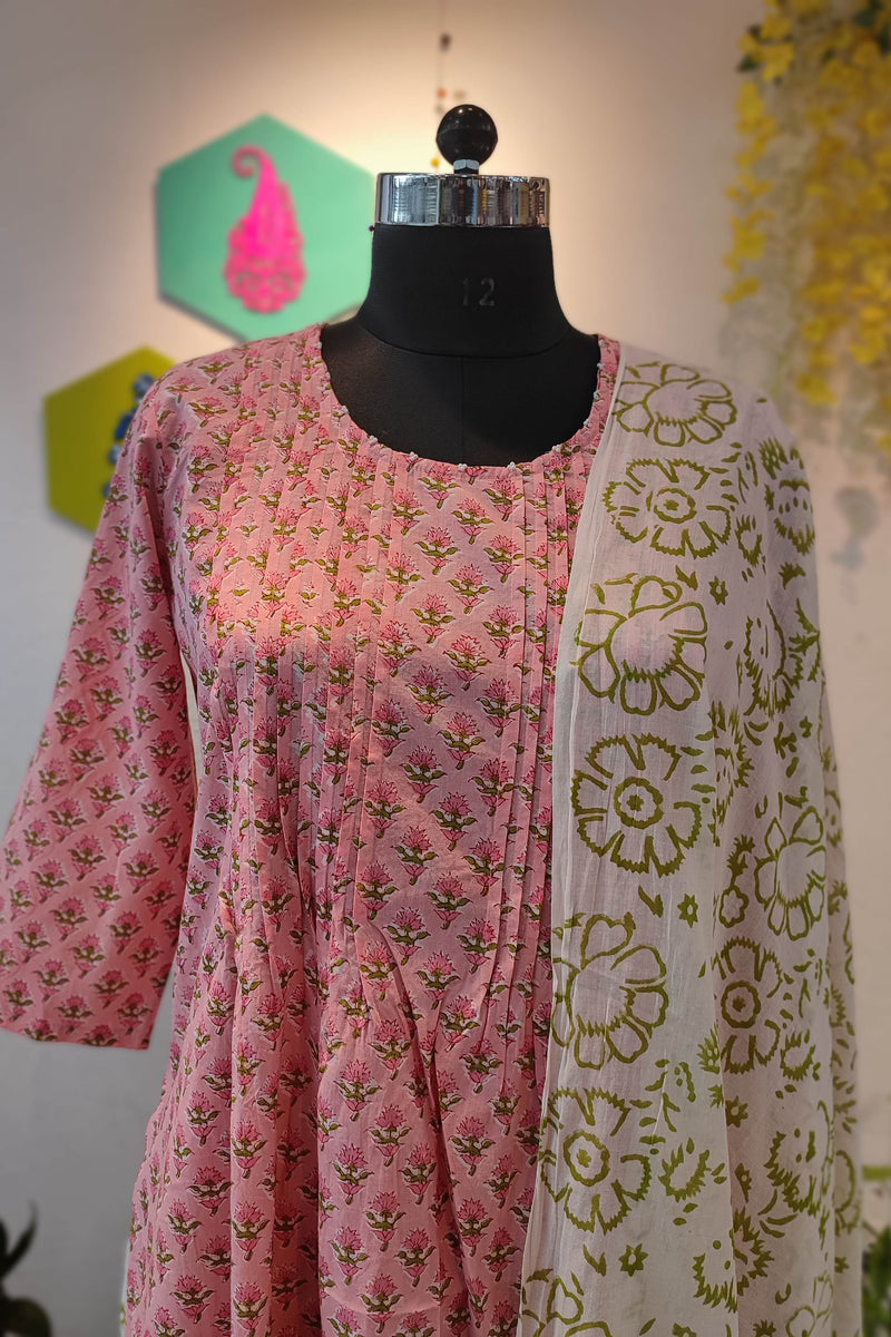 Pink Handblock Cotton Suit With White printed Pant and Sheer Mulmul dupatta