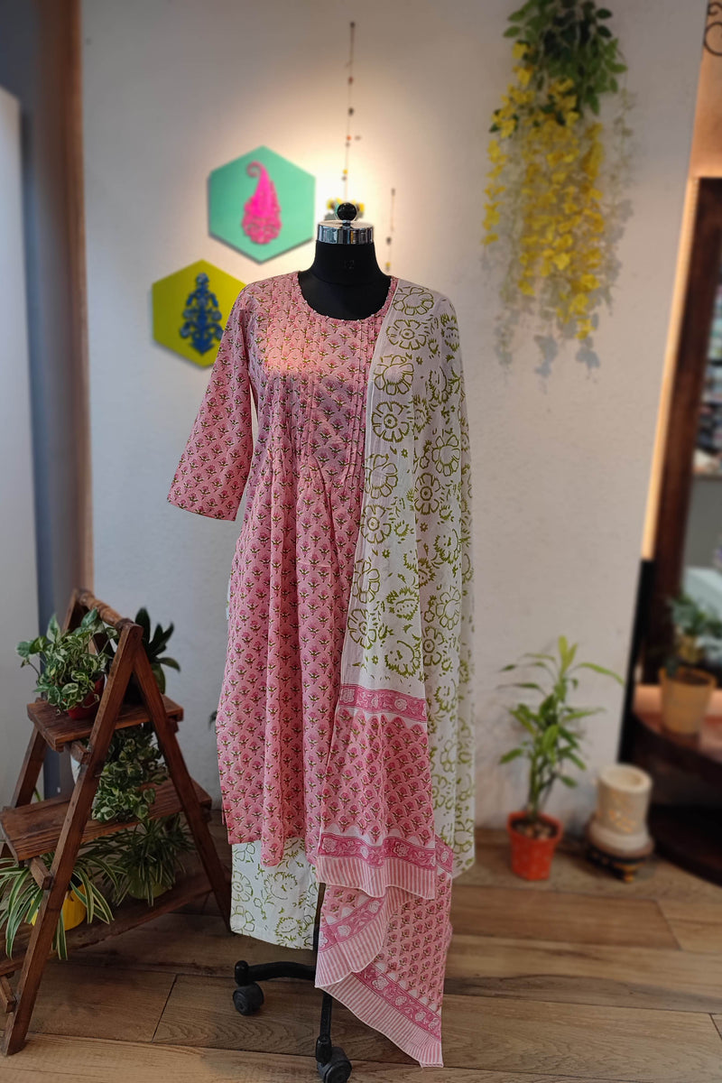 Pink Handblock Cotton Suit With White printed Pant and Sheer Mulmul dupatta