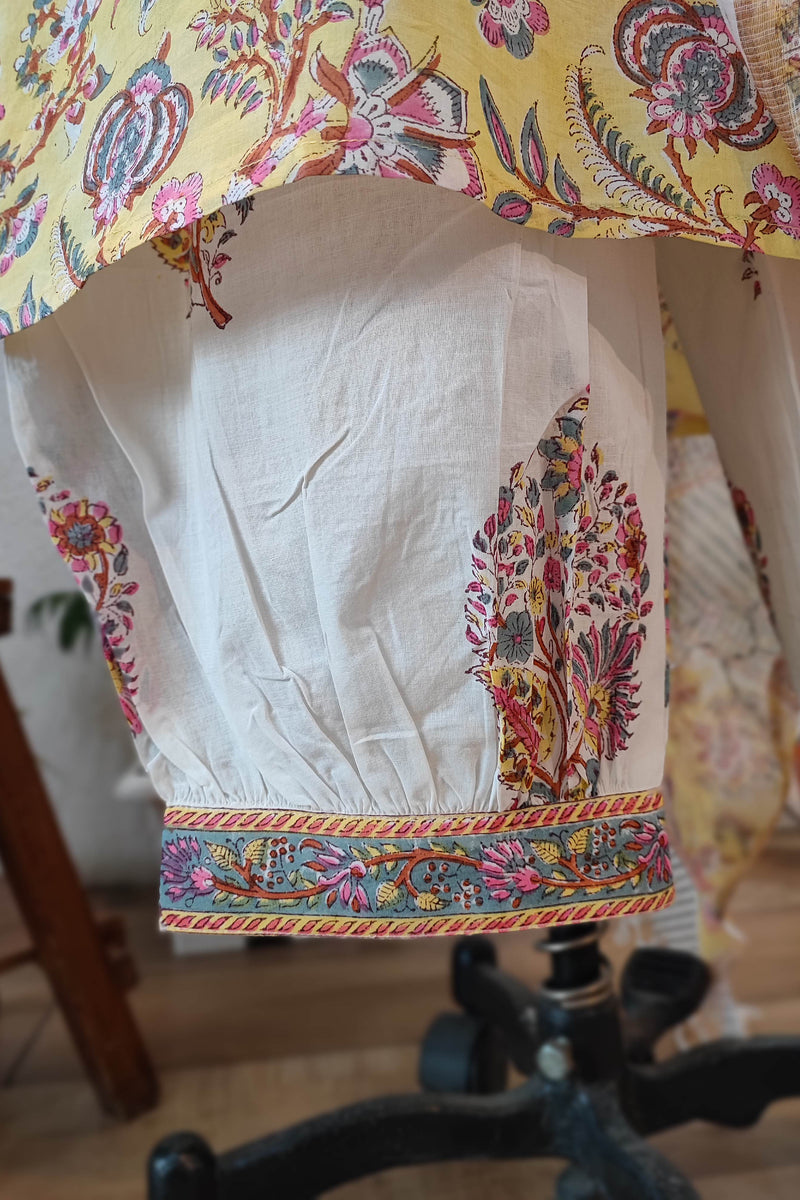 Vibrant Yellow Handblock Cotton Kurta with printed  Pant Set And cota dupatta