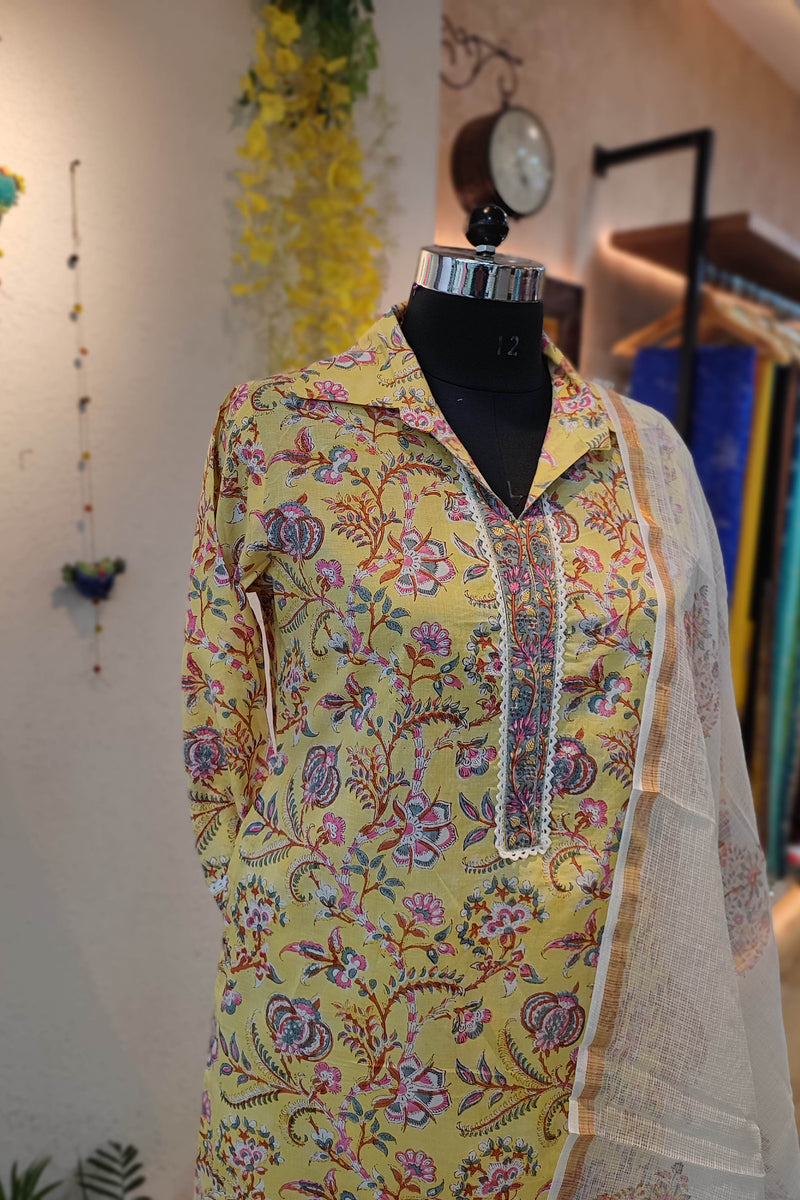 Vibrant Yellow Handblock Cotton Kurta with printed  Pant Set And cota dupatta
