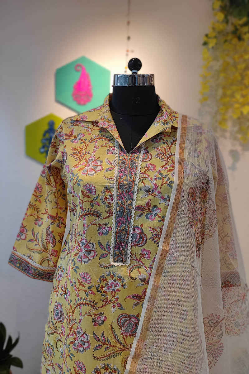 Vibrant Yellow Handblock Cotton Kurta with printed  Pant Set And cota dupatta