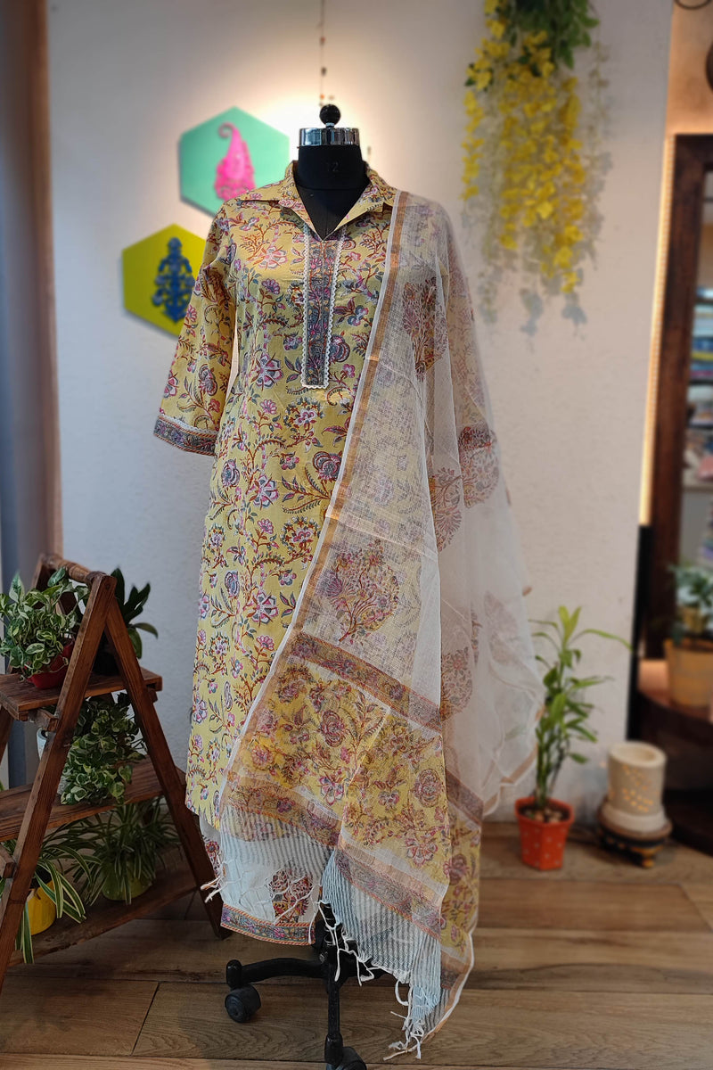 Vibrant Yellow Handblock Cotton Kurta with printed  Pant Set And cota dupatta