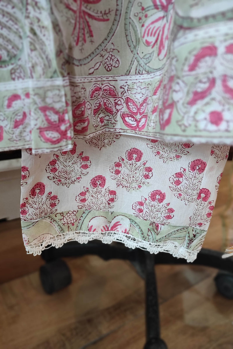 Charming Light Pink Handblock Cotton Kurta with printed pant and Sheer Cota Dupatta