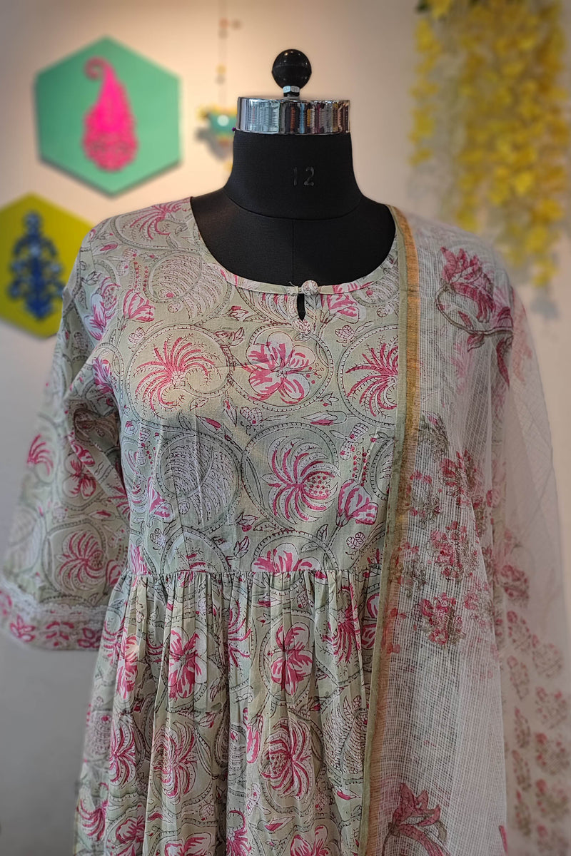 Charming Light Pink Handblock Cotton Kurta with printed pant and Sheer Cota Dupatta