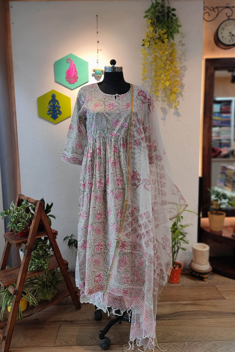 Charming Light Pink Handblock Cotton Kurta with printed pant and Sheer Cota Dupatta