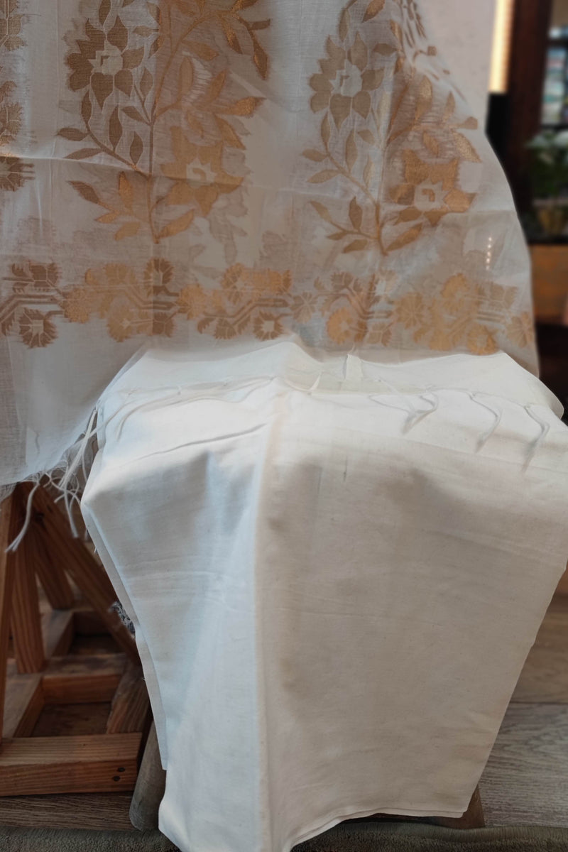 White Handblock Print Pure Chanderi silk  Suit with jamdani Golden Dupatta