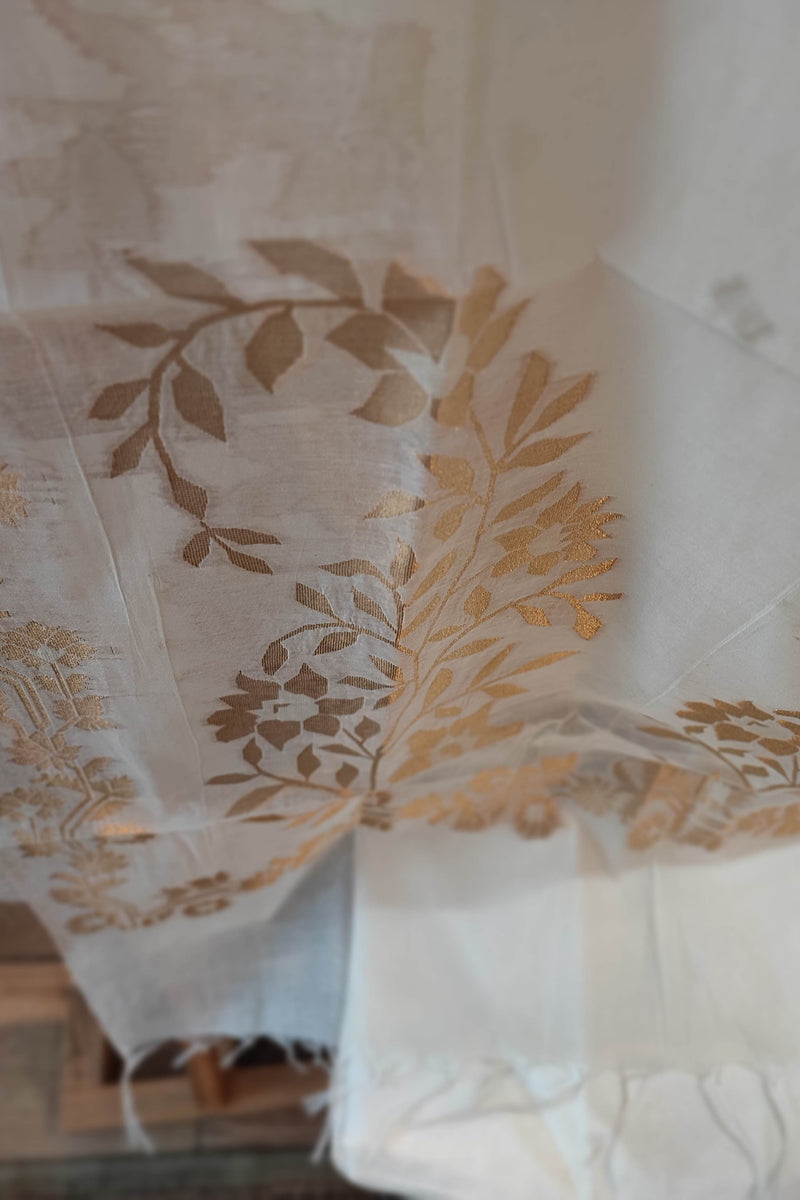 White Handblock Print Pure Chanderi silk  Suit with jamdani Golden Dupatta