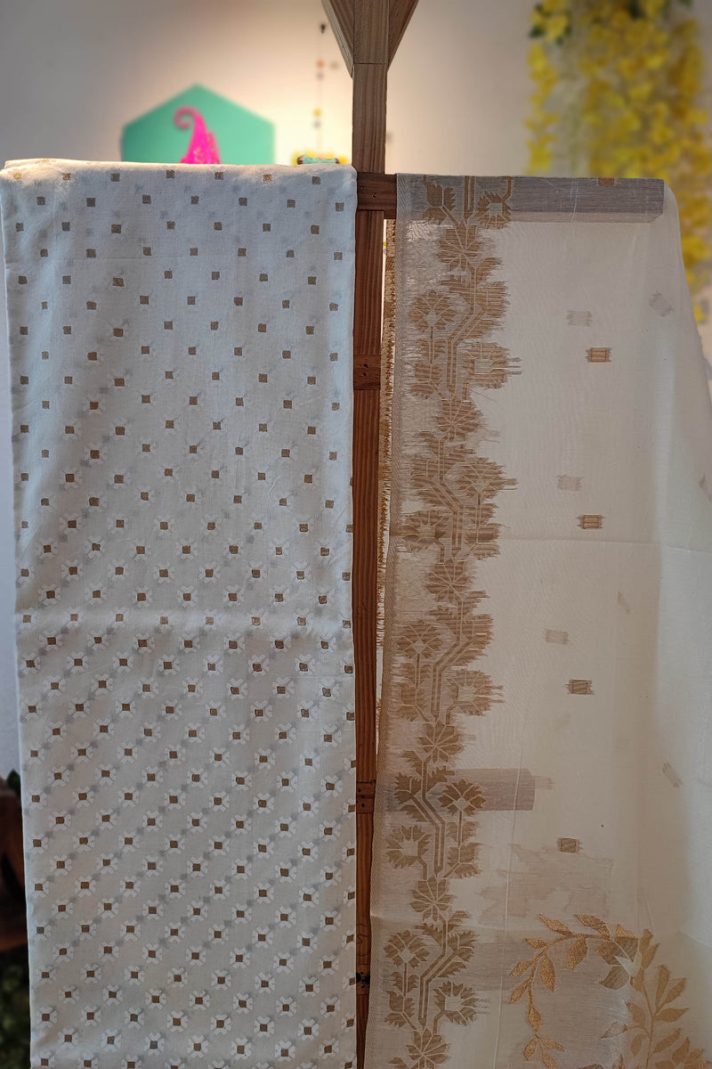 White Handblock Print Pure Chanderi silk  Suit with jamdani Golden Dupatta