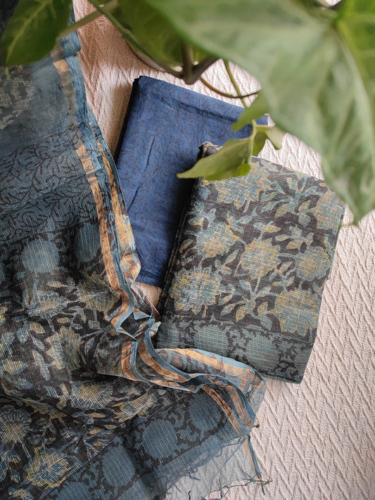 Teal and Blue Floral Printed Kota Suit Set with Dupatta