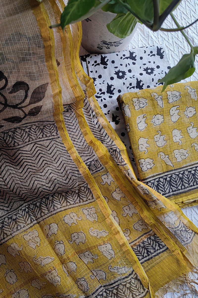 Mustard Yellow Elephant Printed Kota Suit Set with Black and White Dupatta