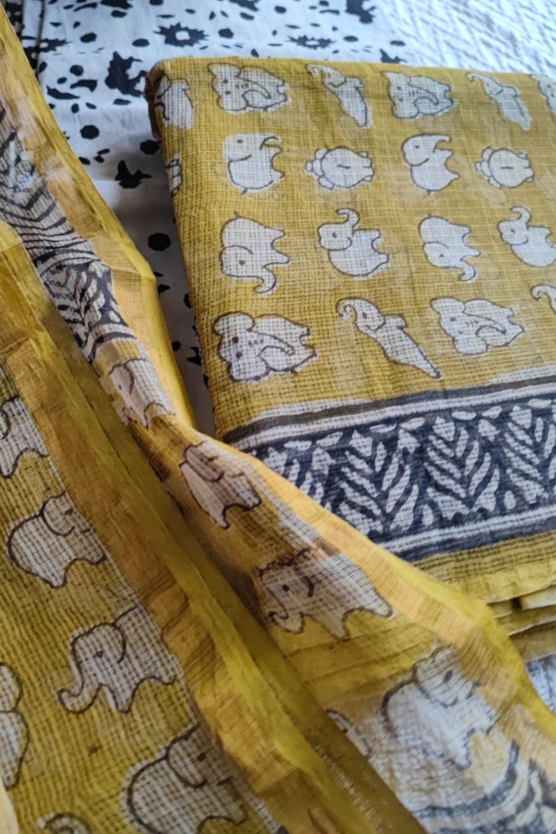 Mustard Yellow Elephant Printed Kota Suit Set with Black and White Dupatta