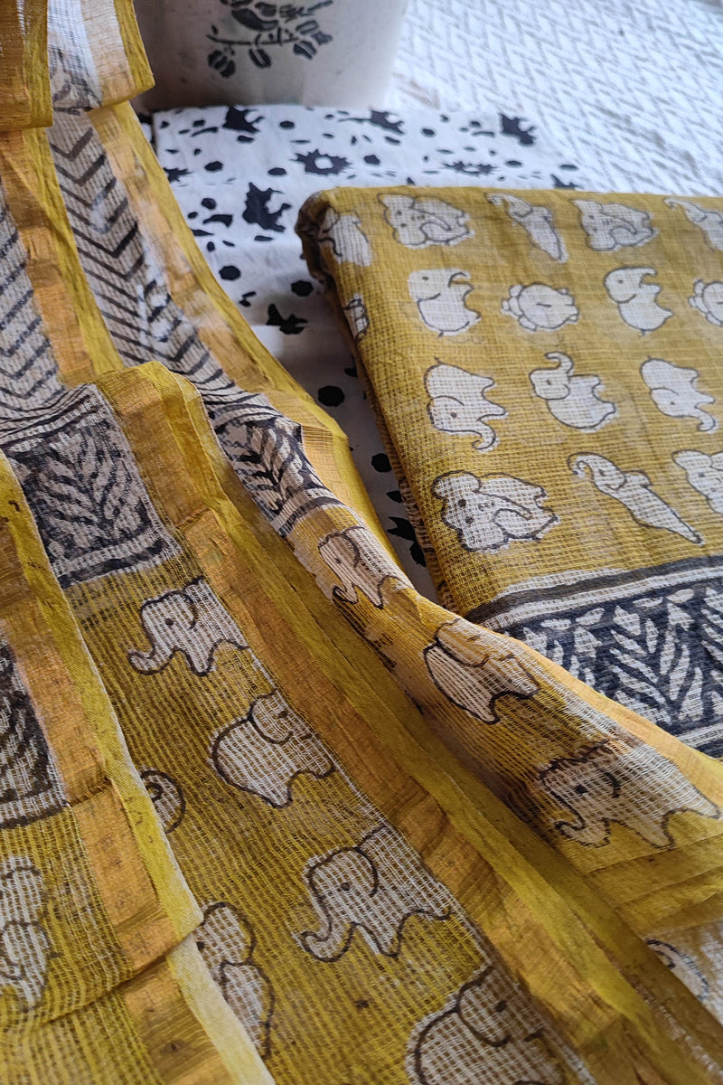 Mustard Yellow Elephant Printed Kota Suit Set with Black and White Dupatta