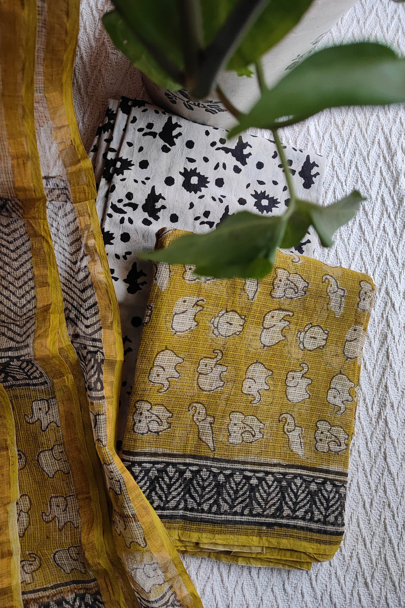 Mustard Yellow Elephant Printed Kota Suit Set with Black and White Dupatta