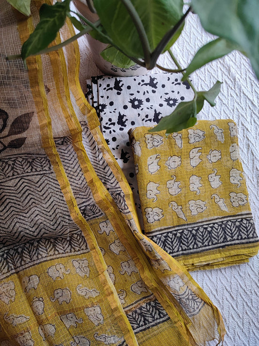 Mustard Yellow Elephant Printed Kota Suit Set with Black and White Dupatta