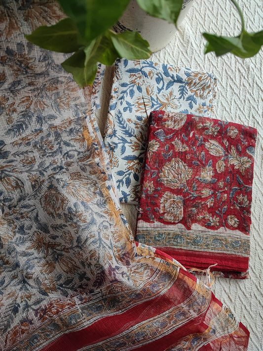 Red and Beige Floral Printed Kota Suit Set with Blue and Brown Leaf Print Dupatta