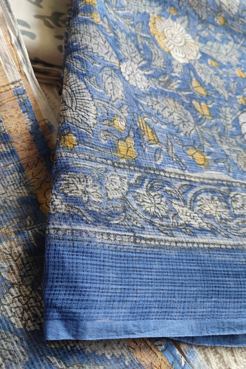 Blue Floral Printed Kota Suit Set with Off-White Leaf Print Dupatta
