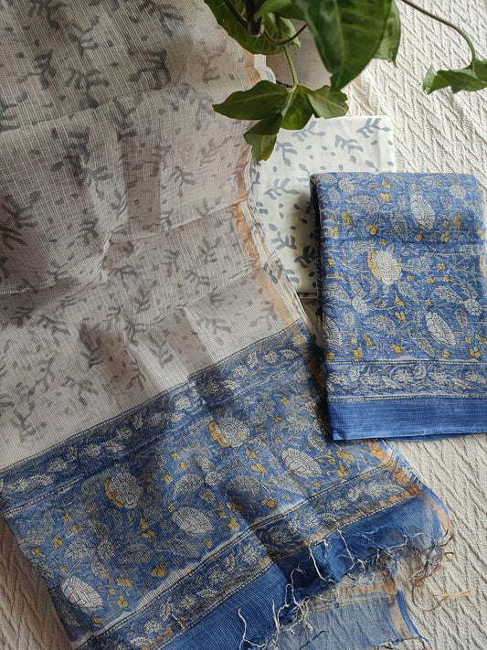 Blue Floral Printed Kota Suit Set with Off-White Leaf Print Dupatta