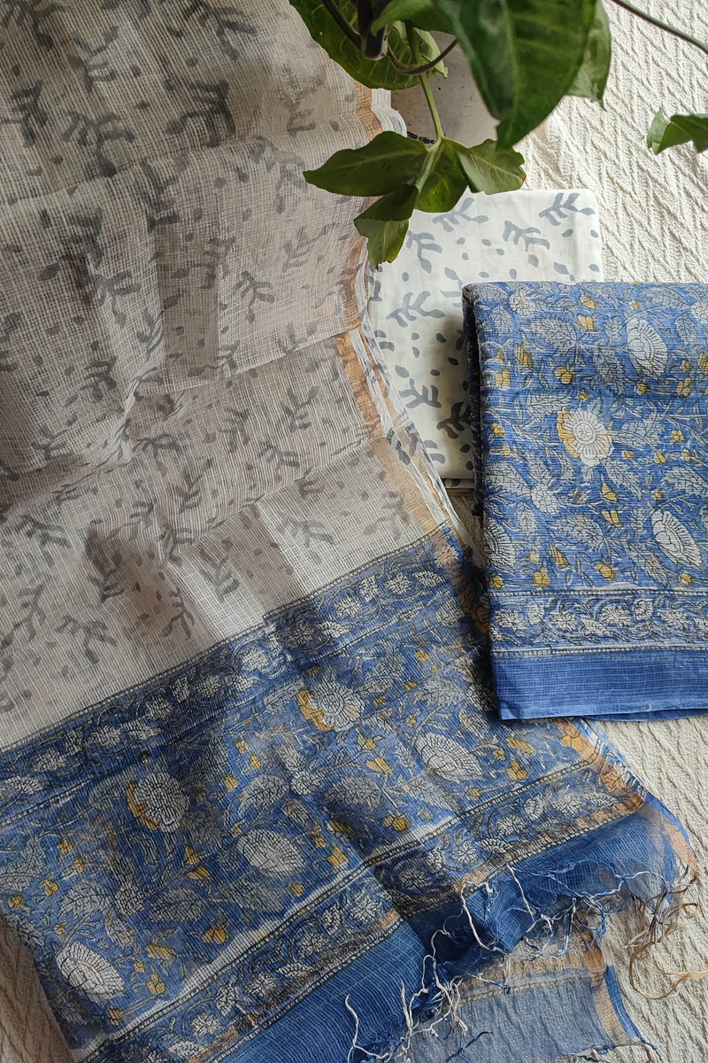 Blue Floral Printed Kota Suit Set with Off-White Leaf Print Dupatta
