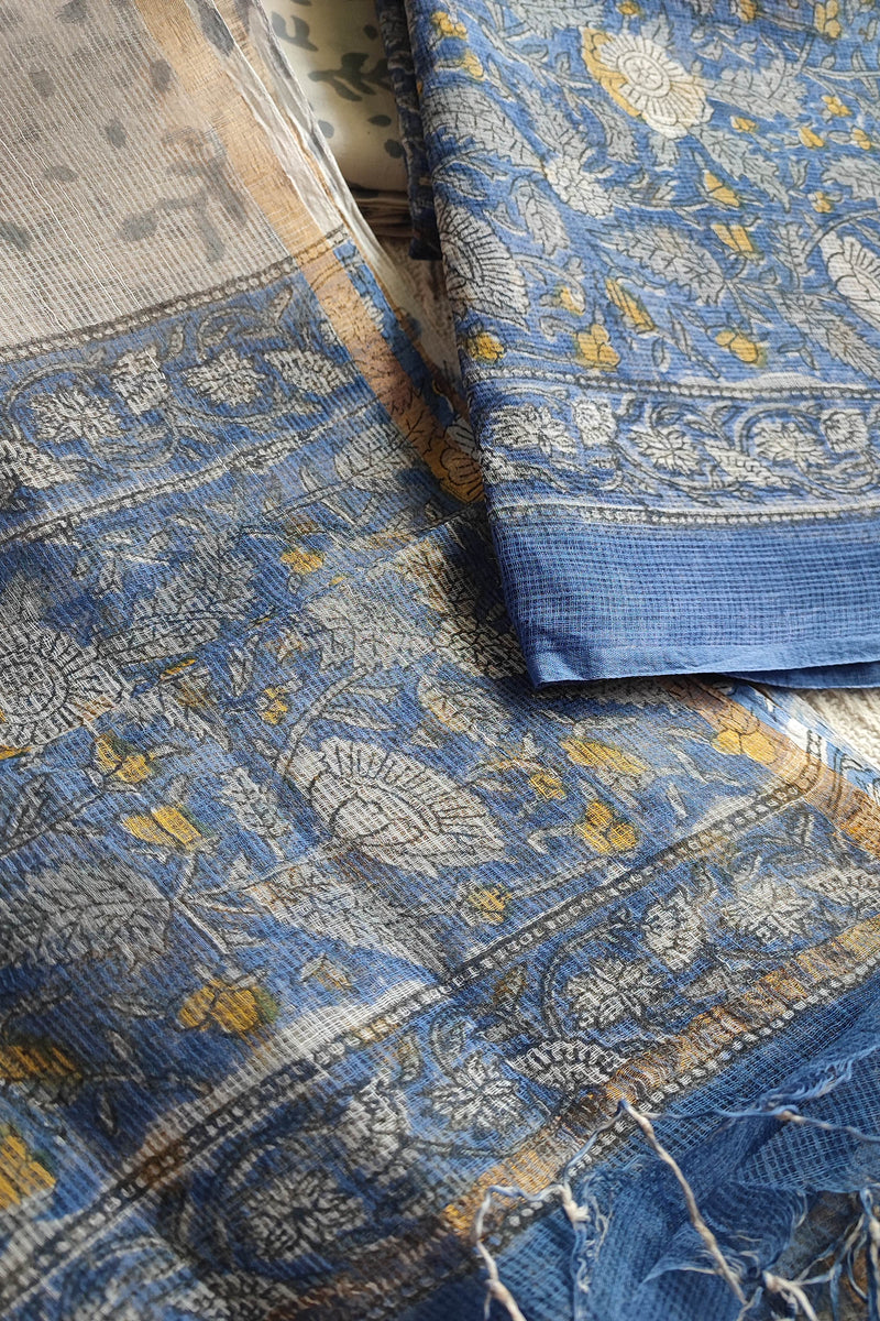 Blue Floral Printed Kota Suit Set with Off-White Leaf Print Dupatta