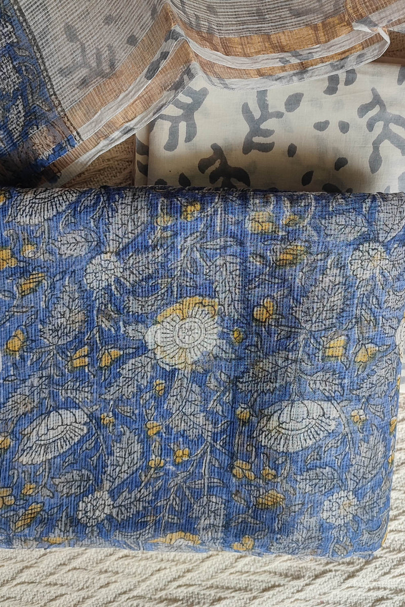 Blue Floral Printed Kota Suit Set with Off-White Leaf Print Dupatta