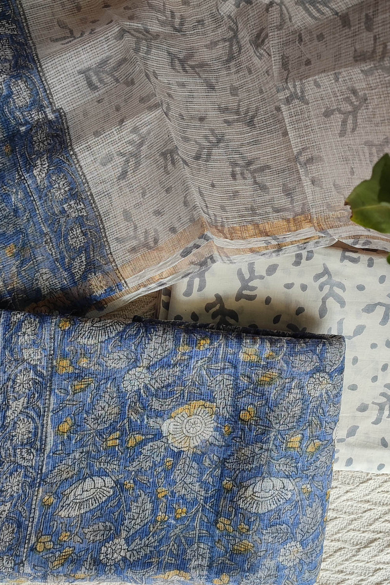 Blue Floral Printed Kota Suit Set with Off-White Leaf Print Dupatta