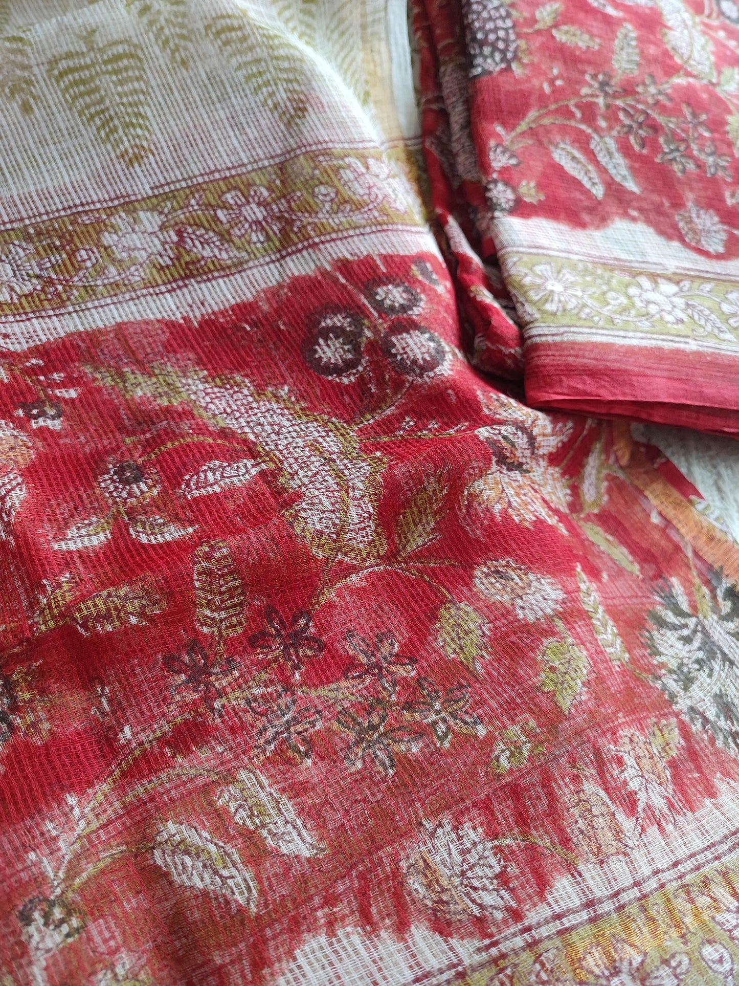 Red Floral Printed Kota Suit Set with Off-White Leaf Print Dupatta