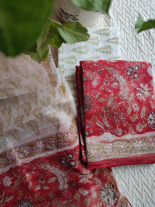 Red Floral Printed Kota Suit Set with Off-White Leaf Print Dupatta