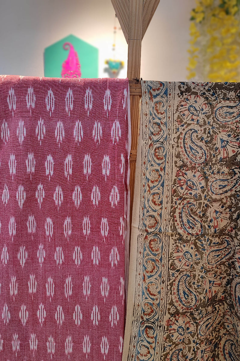 Pink Ikkat Suit with Grey Kalamkari Cotton Pant and Multicolor Dupatta