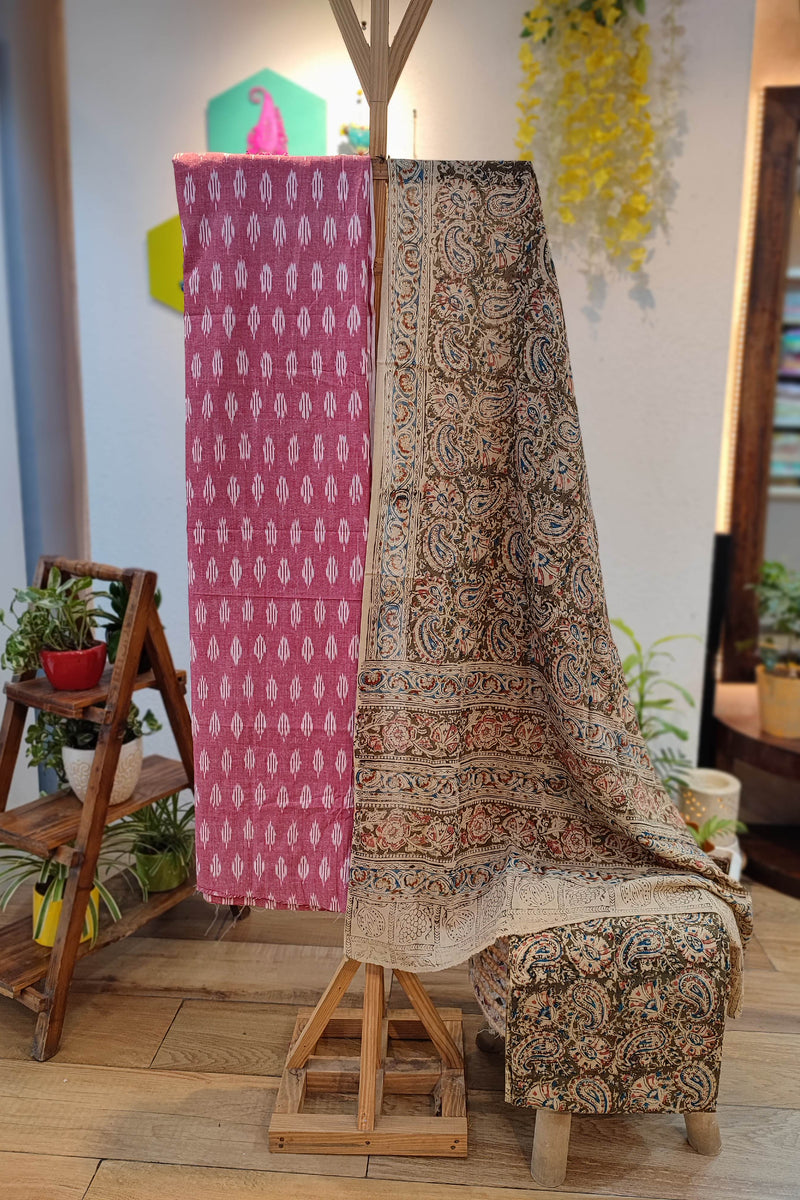 Pink Ikkat Suit with Grey Kalamkari Cotton Pant and Multicolor Dupatta