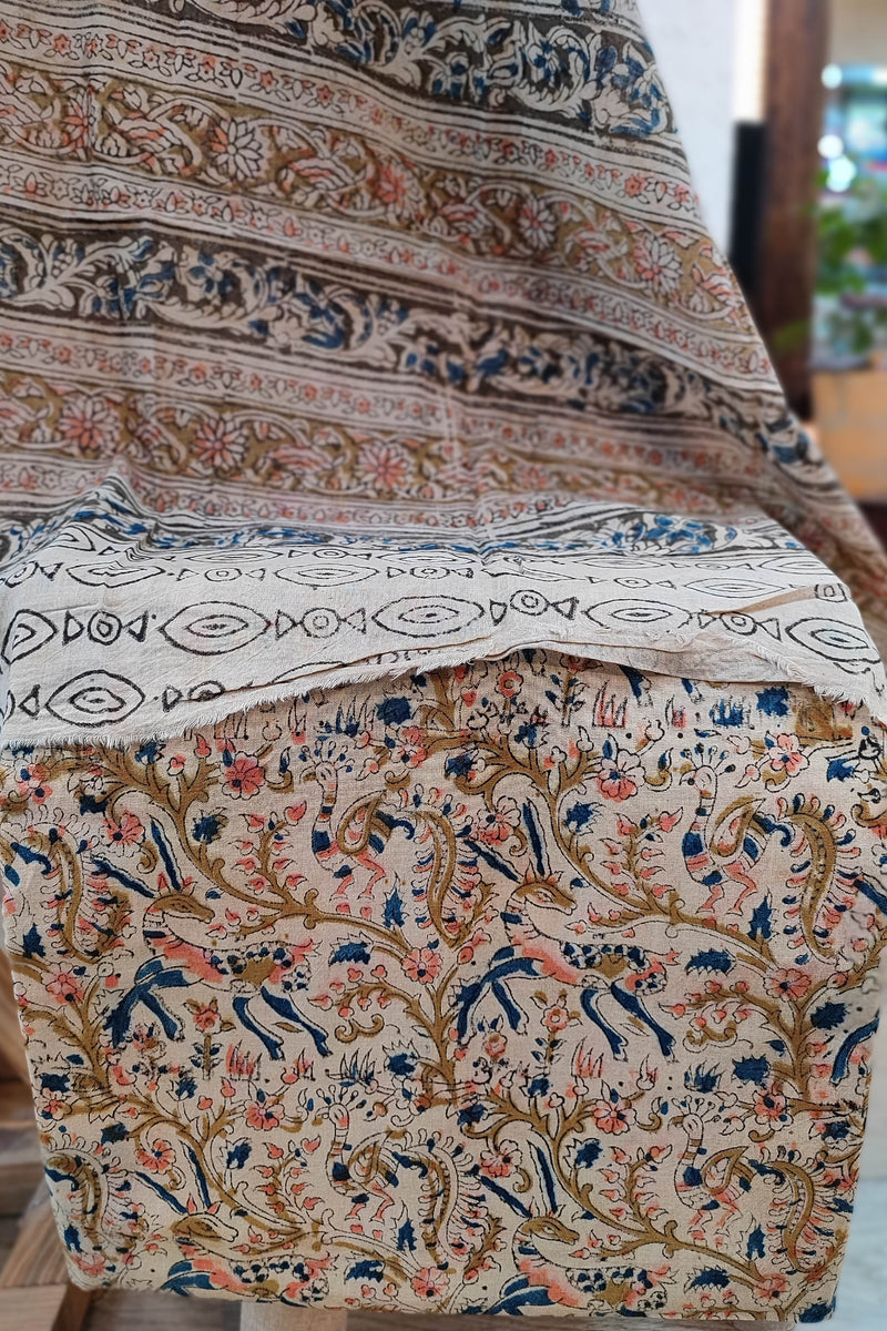 Navy Blue Ikkat Suit with Beige Kalamkari Cotton Pant and Multicolor Dupatta