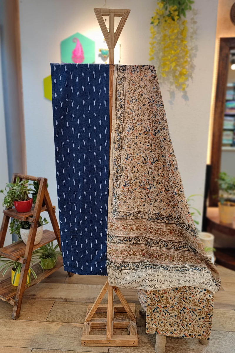 Navy Blue Ikkat Suit with Beige Kalamkari Cotton Pant and Multicolor Dupatta