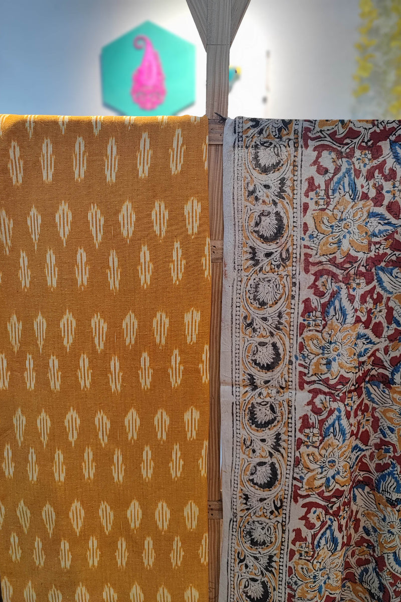 Mustard Ikkat Suit with Red Kalamkari Cotton Pant and Multicolor Dupatta
