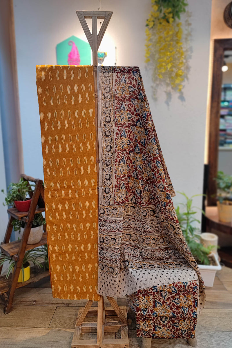 Mustard Ikkat Suit with Red Kalamkari Cotton Pant and Multicolor Dupatta