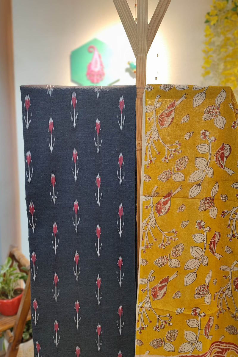 Black Ikkat Suit with Yellow Kalamkari Cotton Pant and Multicolor Dupatta