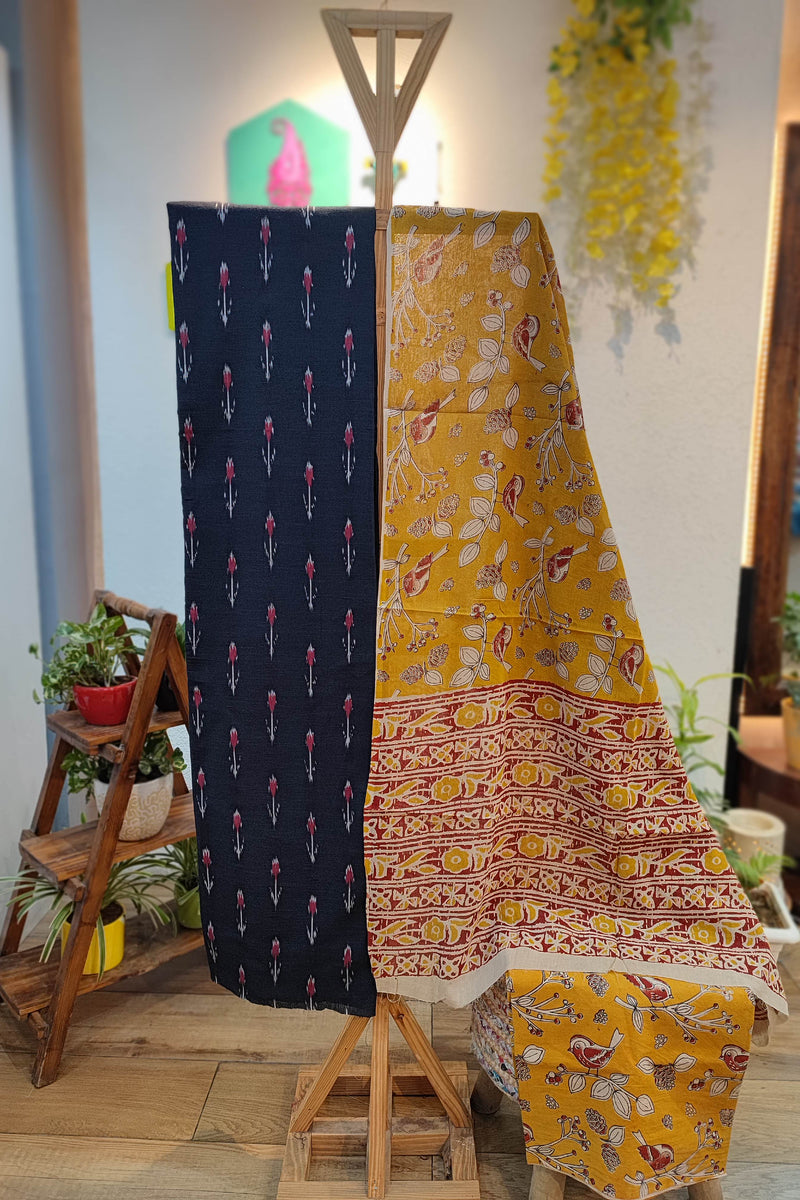 Black Ikkat Suit with Yellow Kalamkari Cotton Pant and Multicolor Dupatta