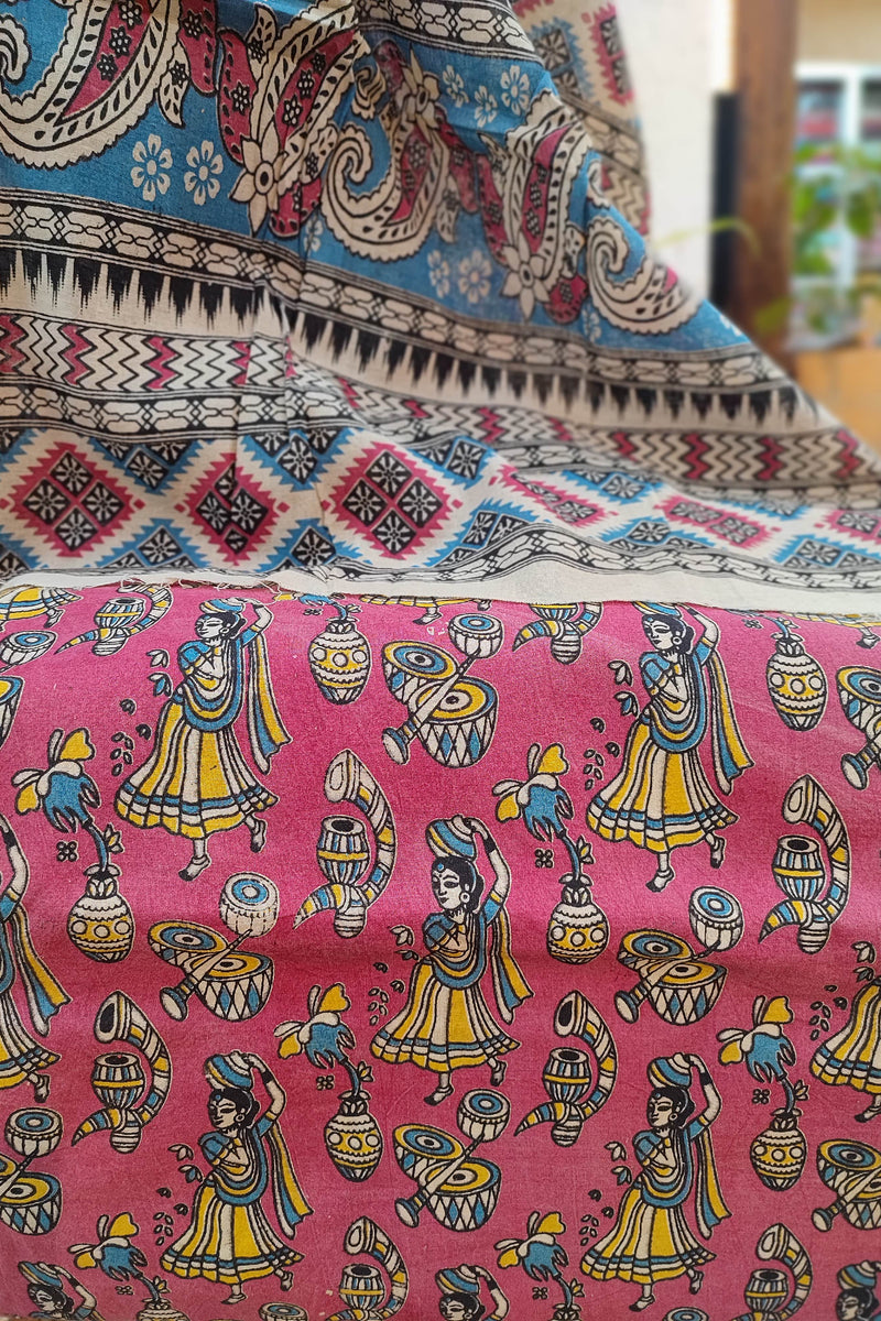 Blue Ikkat Suit with Pink Kalamkari Cotton Pant and Multicolor Dupatta