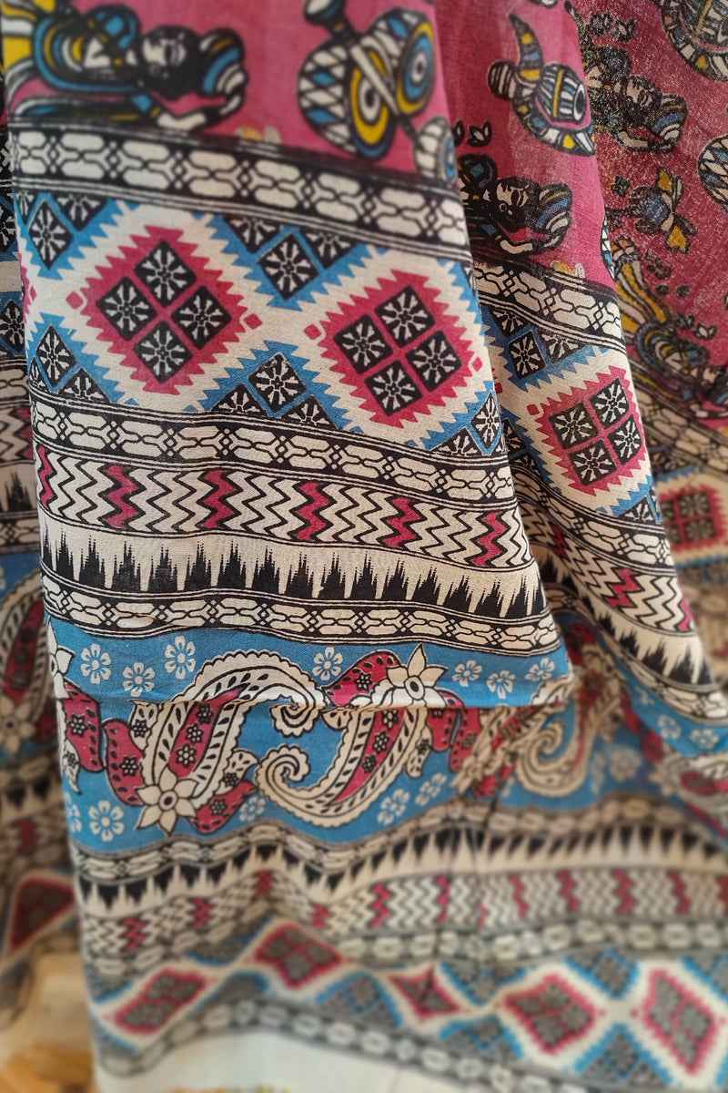 Blue Ikkat Suit with Pink Kalamkari Cotton Pant and Multicolor Dupatta
