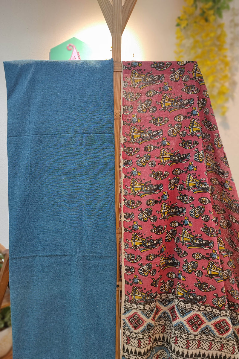 Blue Ikkat Suit with Pink Kalamkari Cotton Pant and Multicolor Dupatta