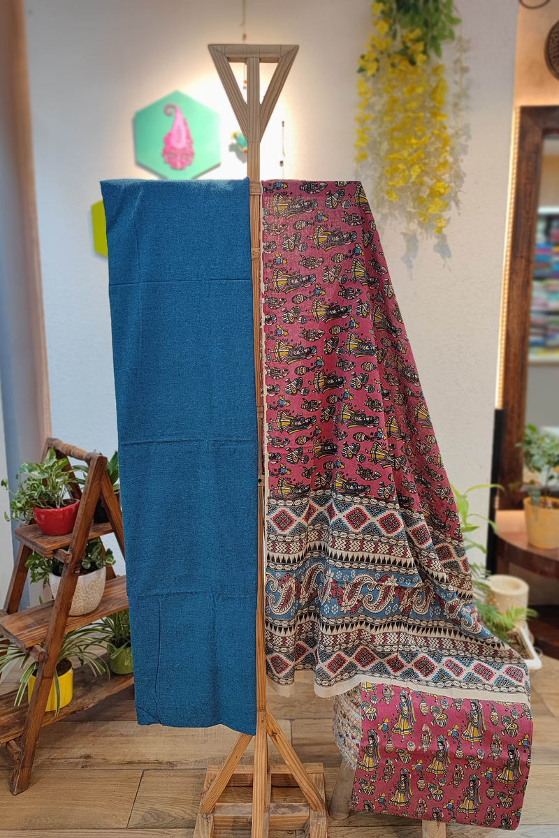 Blue Ikkat Suit with Pink Kalamkari Cotton Pant and Multicolor Dupatta
