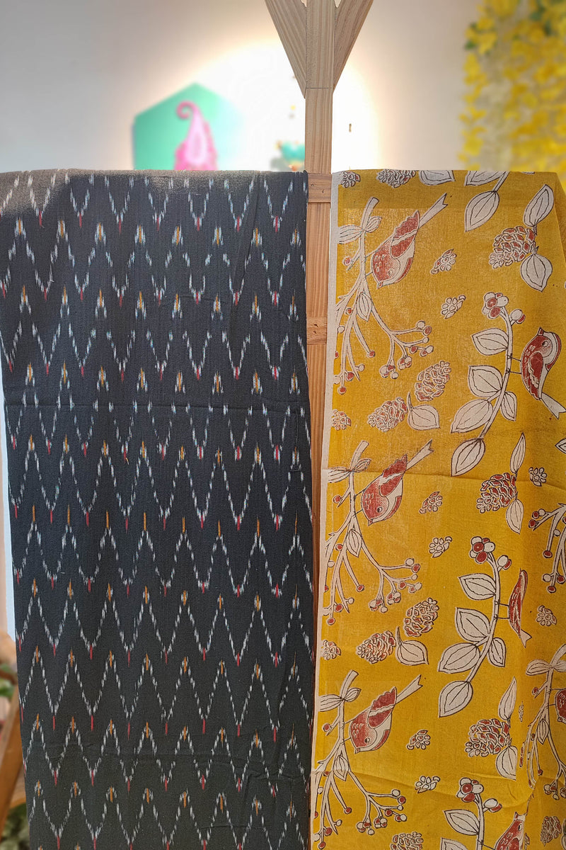 Black Ikkat Suit with Yellow Kalamkari Cotton Pant and Multicolor Dupatta